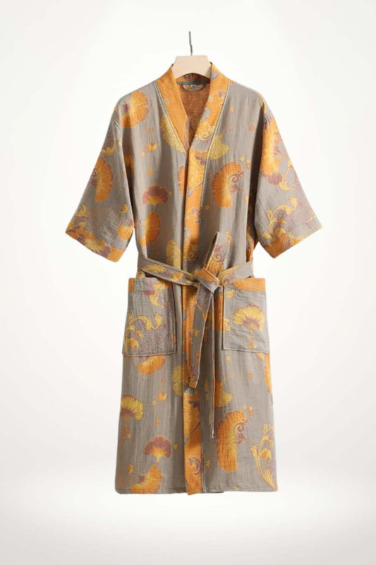 Robe de chambre femme en coton gris et jaune