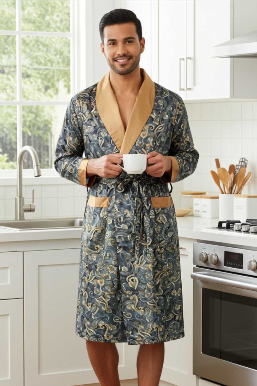 Un homme porte un kimono élégant en satin bleu avec des motifs dorés et un col en satin or un café à la main