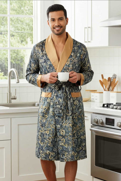 Un homme porte un kimono élégant en satin bleu avec des motifs dorés et un col en satin or un café à la main