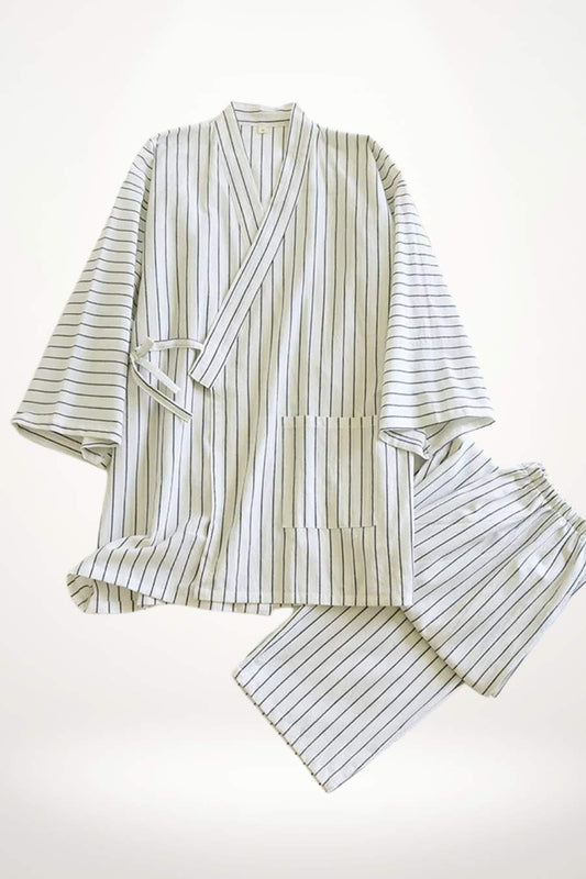 Kimono Homme Pyjama| Coton Rayé Blanc