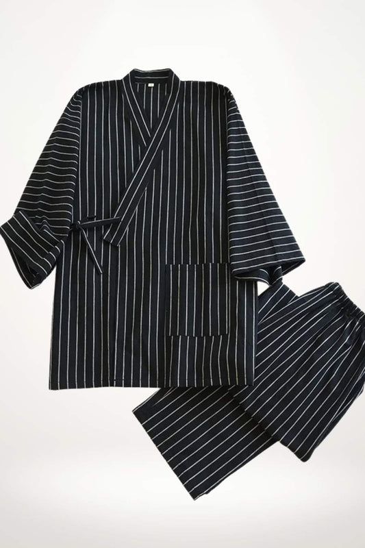 Yukata Pyjama Homme | Coton Rayé à Manches ¾ Noir