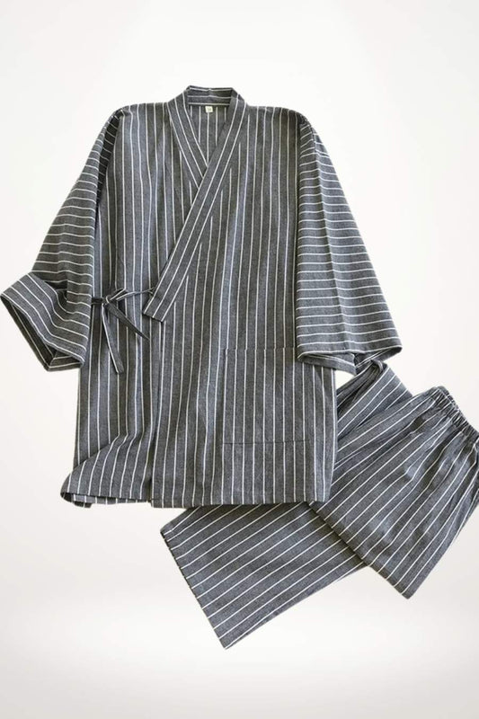 Pyjama Homme Kimono en Coton | Ensemble à Manches ¾ Rayé