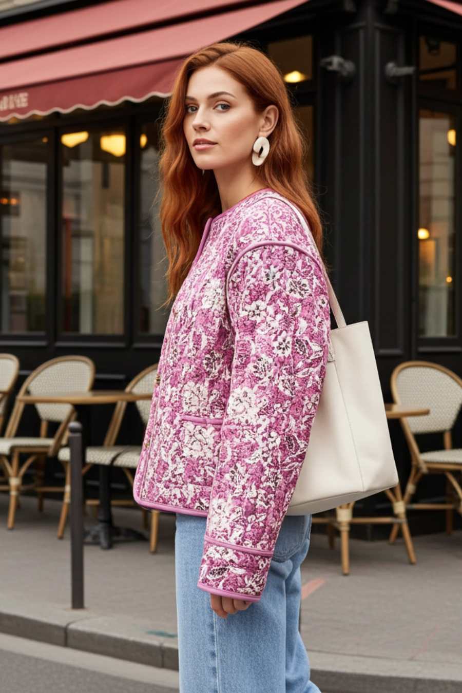 Veste kimono matelassée femme motif floral rose, piquage vertical, col rond, boutons imitation nacre et bordures piping, style bohème-chic.