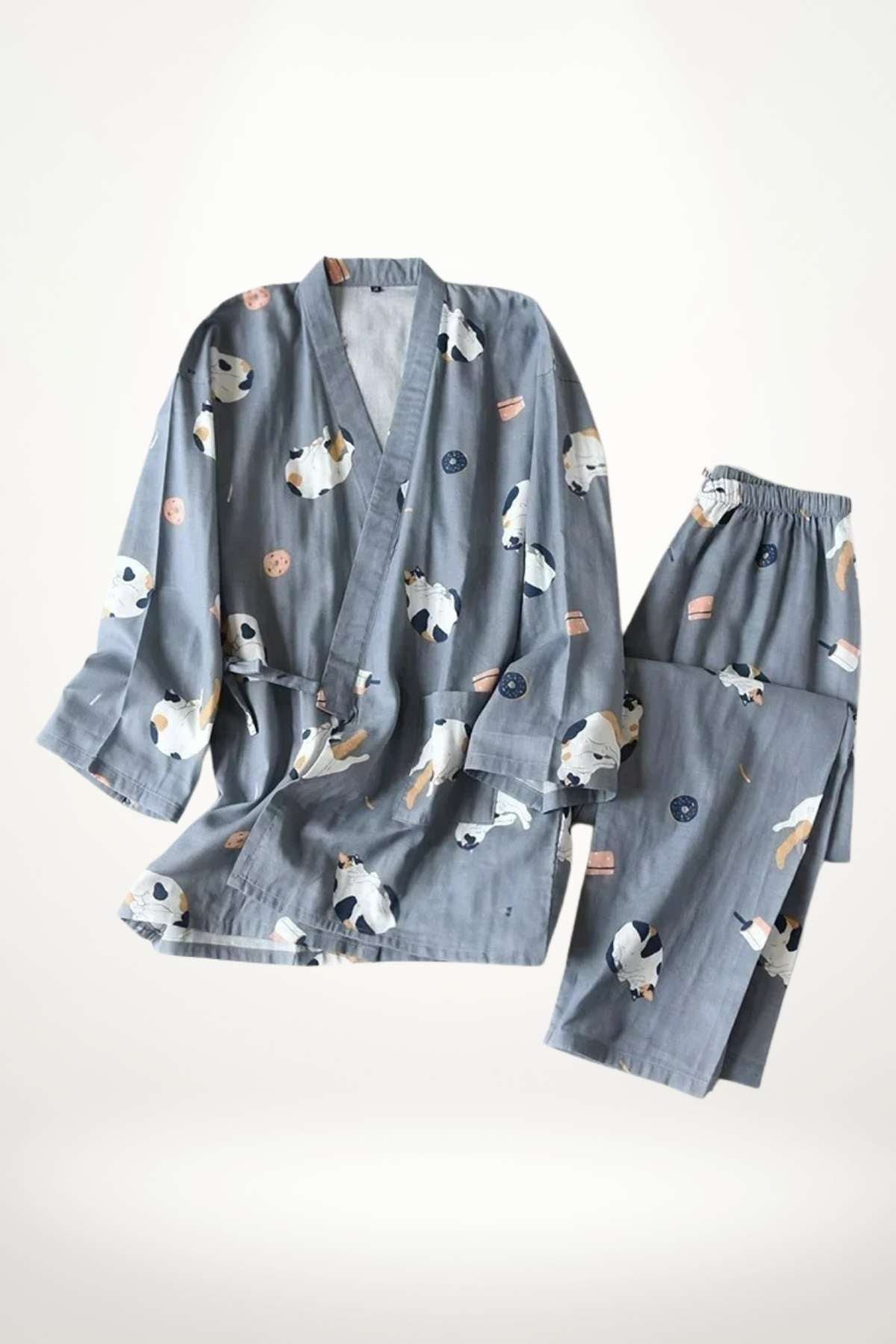 kimono pyjama femme coton bleu-gris à motifs chiens japonais, ensemble deux pièces confortable et respirant pour moments de détente

