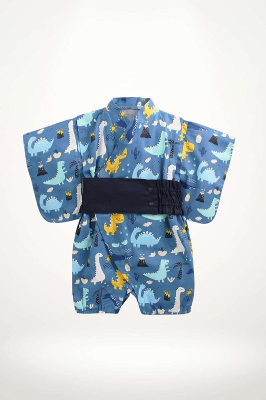 kimono bébé bleu à motifs dinosaures en coton avec ceinture noire intégrée – tenue japonaise confortable et joyeuse