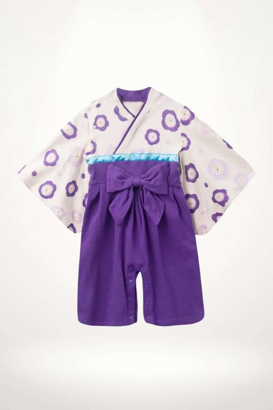 kimono bébé coton violet avec fleurs et ceinture obi – modèle fille élégant et confortable