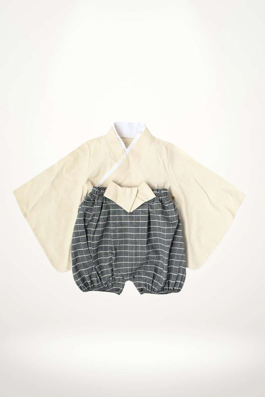 kimono bébé crème à motif carreaux et ceinture obi intégrée