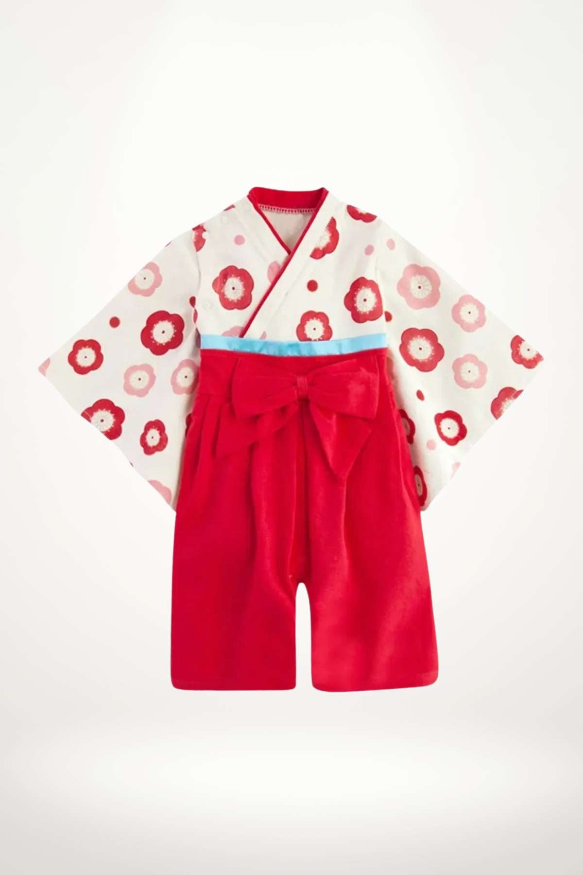 kimono bébé coton fleurs rouges et roses avec ceinture obi bleue – modèle fille en édition limitée
