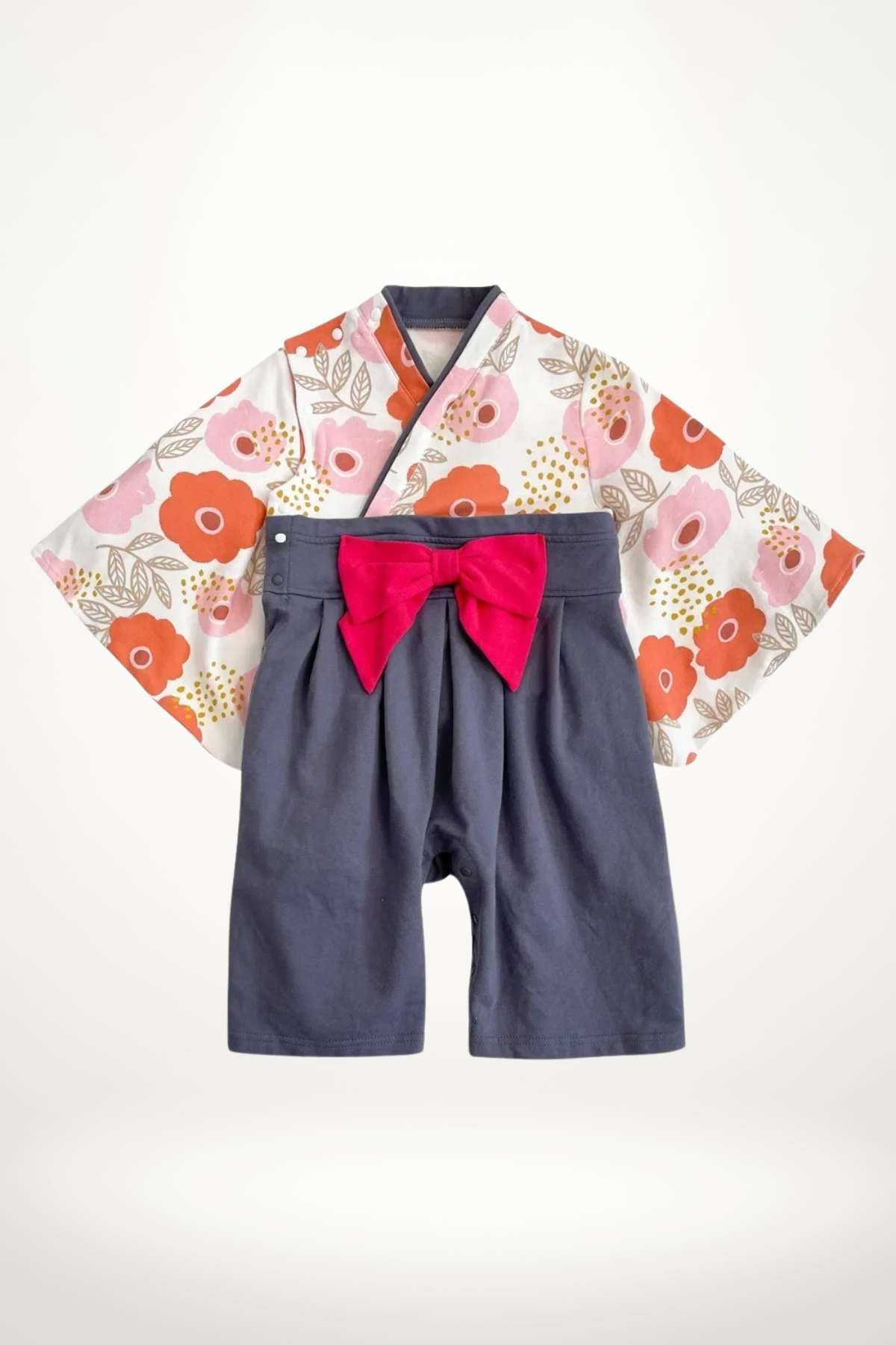 kimono bébé coton fleurs rose et corail avec bas bleu et ceinture obi – modèle fille élégant et graphique