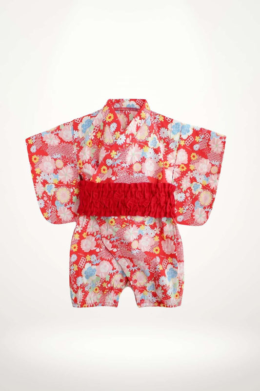 kimono bébé coton rouge fleuri avec ceinture obi froncée – modèle fille traditionnel et joyeux