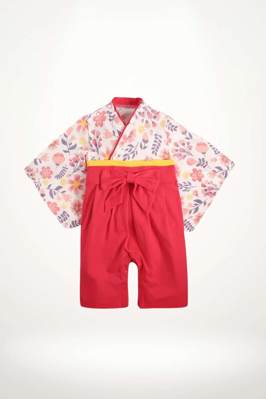 kimono bébé coton rayures roses et fleurs jaunes avec ceinture obi – modèle fille élégant et expressif