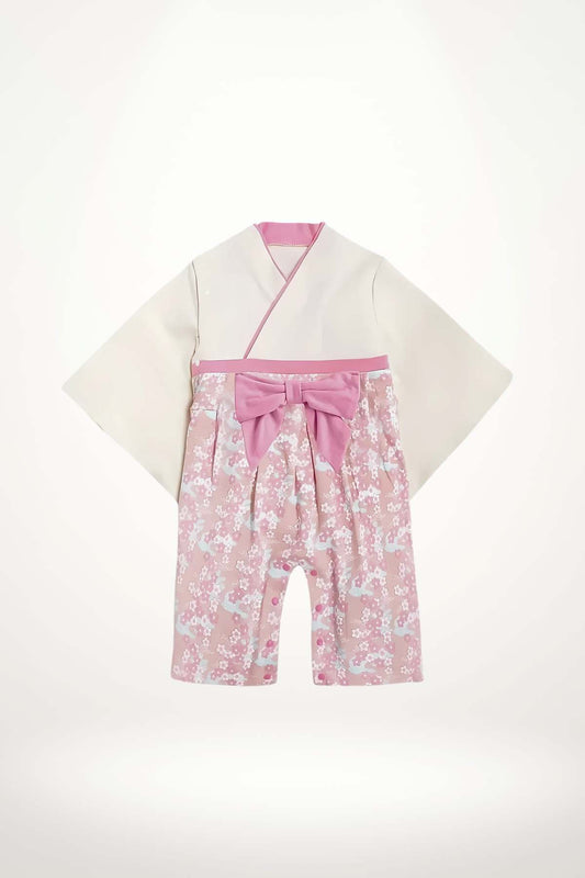 kimono bébé coton crème et rose fleuri avec ceinture obi – modèle fille élégant et poétique