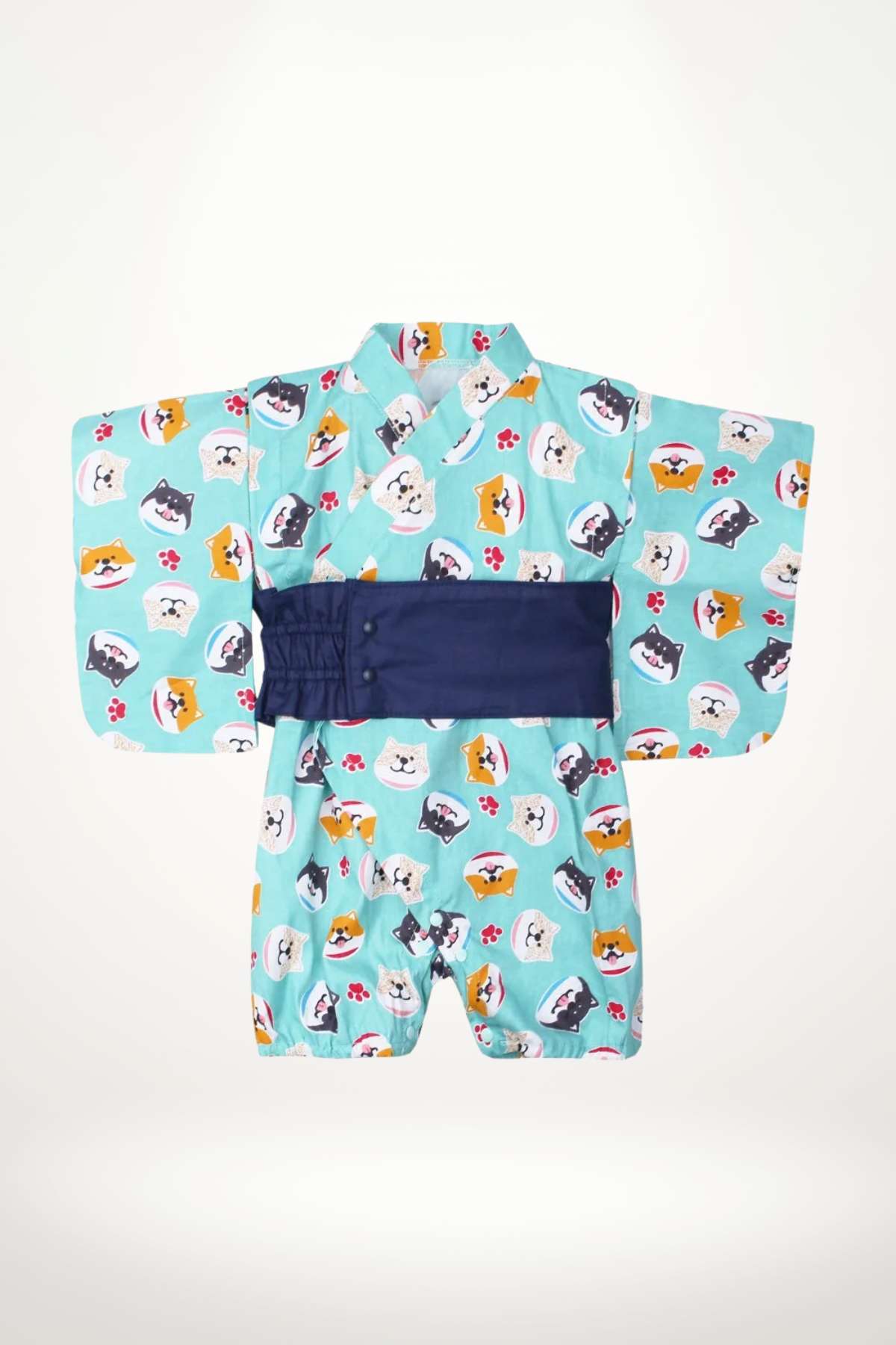 Kimono bébé en tissu bleu clair avec motifs de chiens et ceinture bleu marine