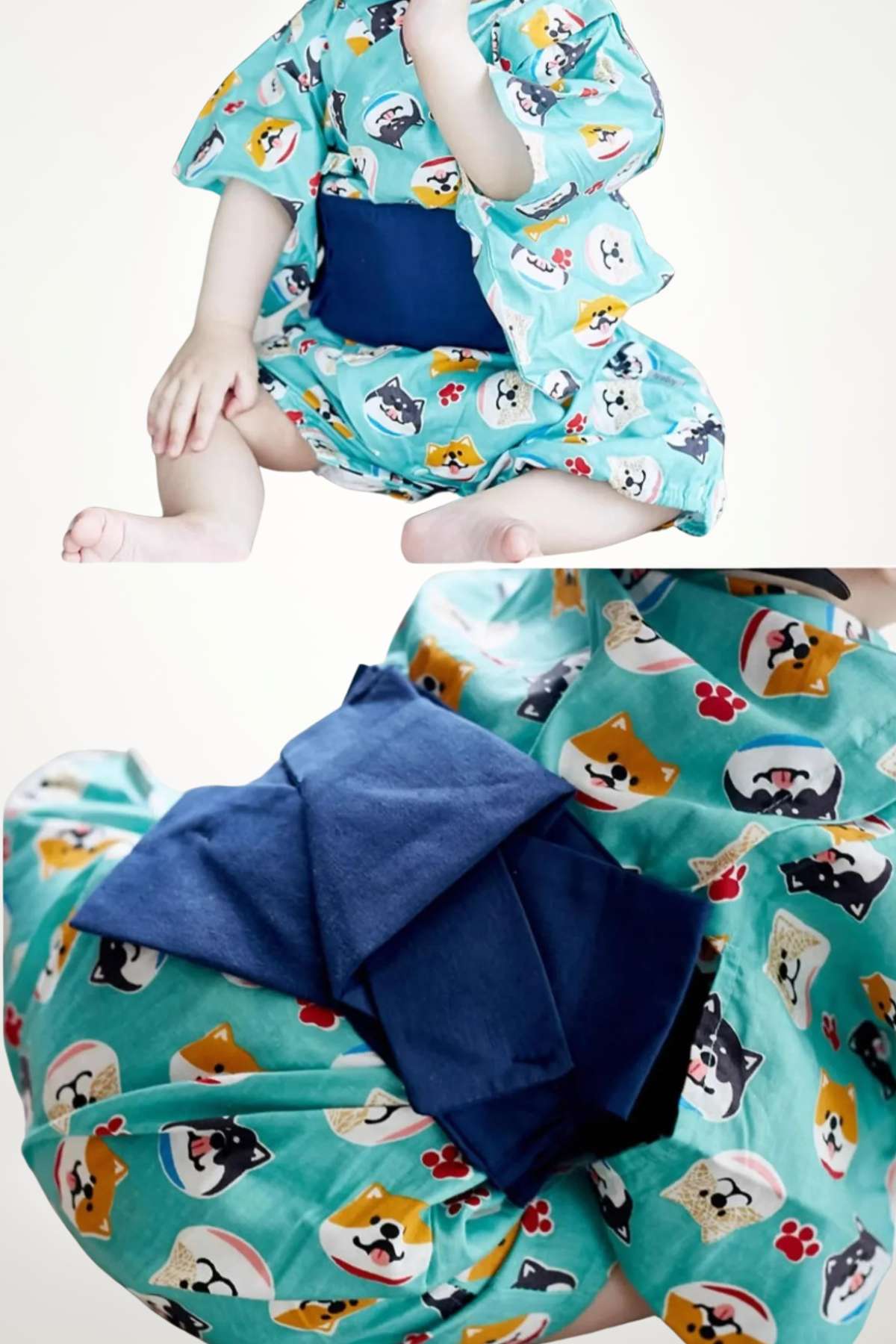 Un bébé assis porte un kimono bleu turquoise à motifs d'animaux, avec une ceinture en tissu bleu foncé
