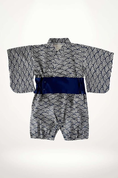 Kimono pour bébé en tissu doux, avec motifs ondulés blancs sur fond bleu marine et ceinture assortie