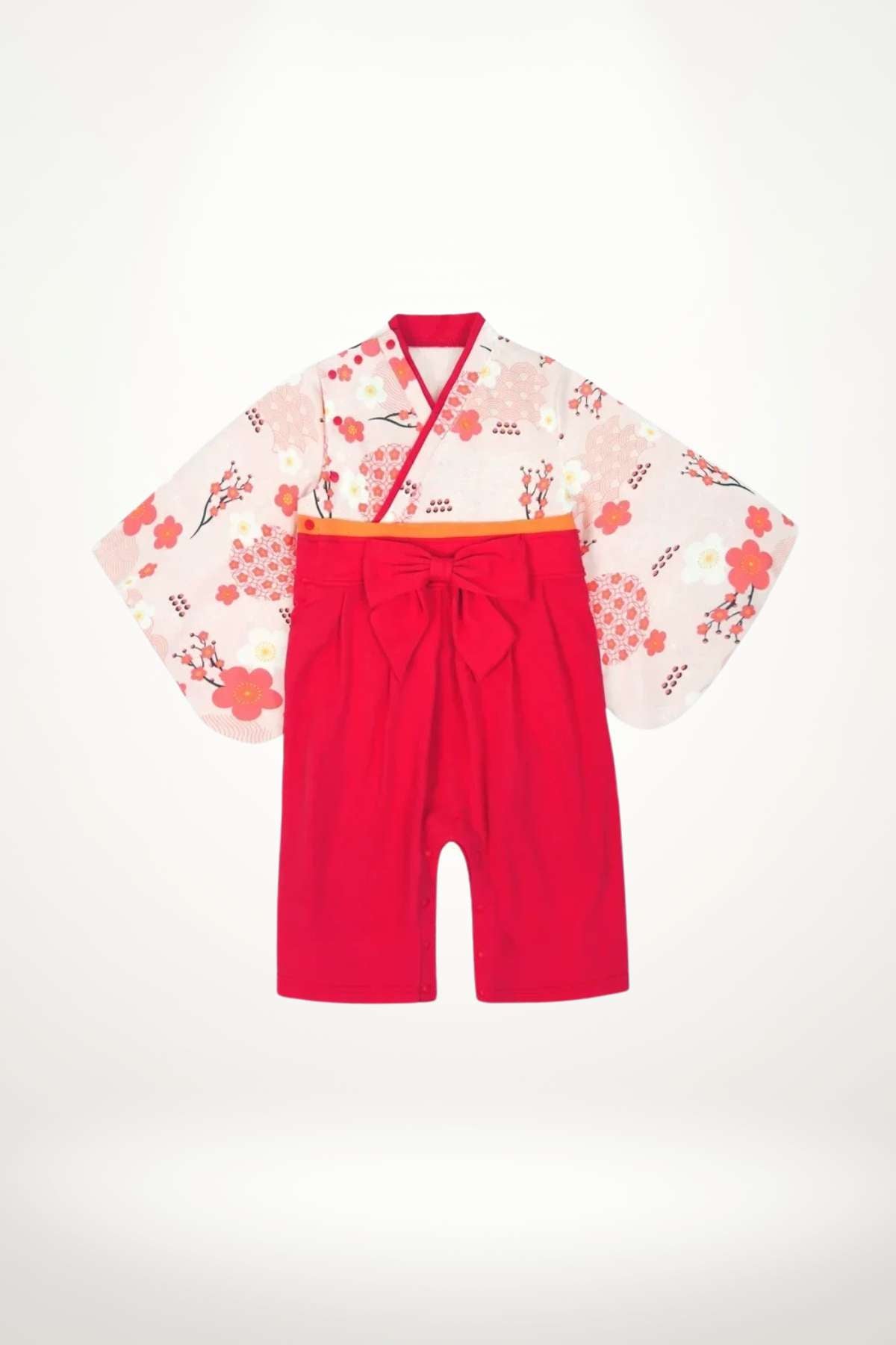 kimono bébé coton rouge à fleurs traditionnelles avec ceinture obi – tenue fille élégante et raffinée