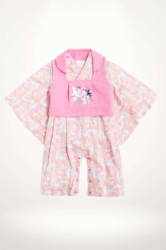 kimono bébé coton fleurs de cerisier rose avec gilet brodé – ensemble fille doux et raffiné
