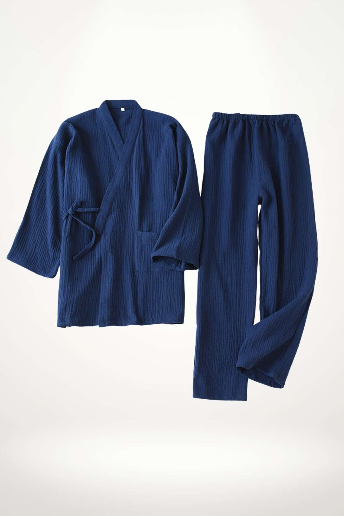 pyjama femme deux pièces bleu foncé en coton tissé léger, kimono croisé avec pantalon ample, confortable et élégant pour détente à la maison
