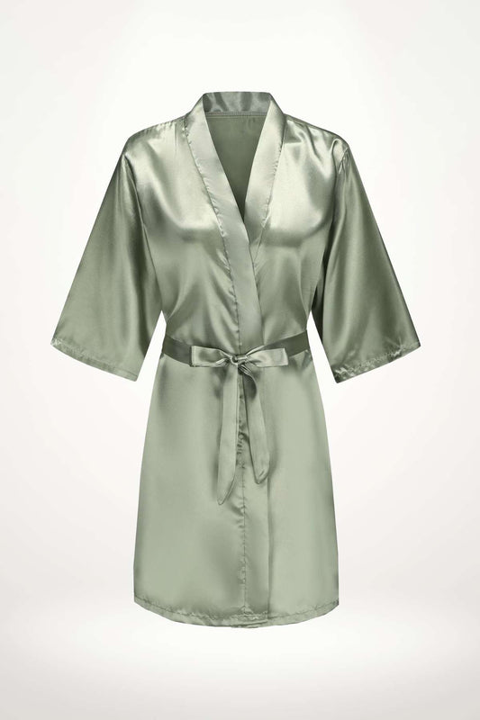 kimono femme court satin vert sauge d’intérieur élégant ceinturé