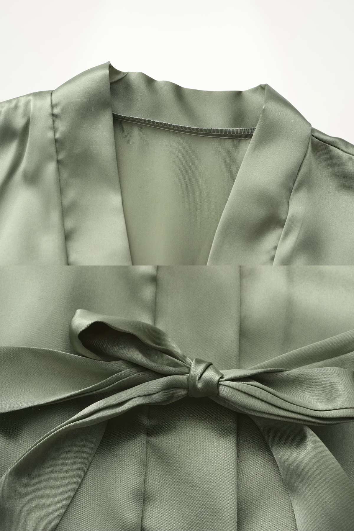 Kimono d'intérieur en satin vert olive avec un col classique et un nœud à la taille, élégant et confortable