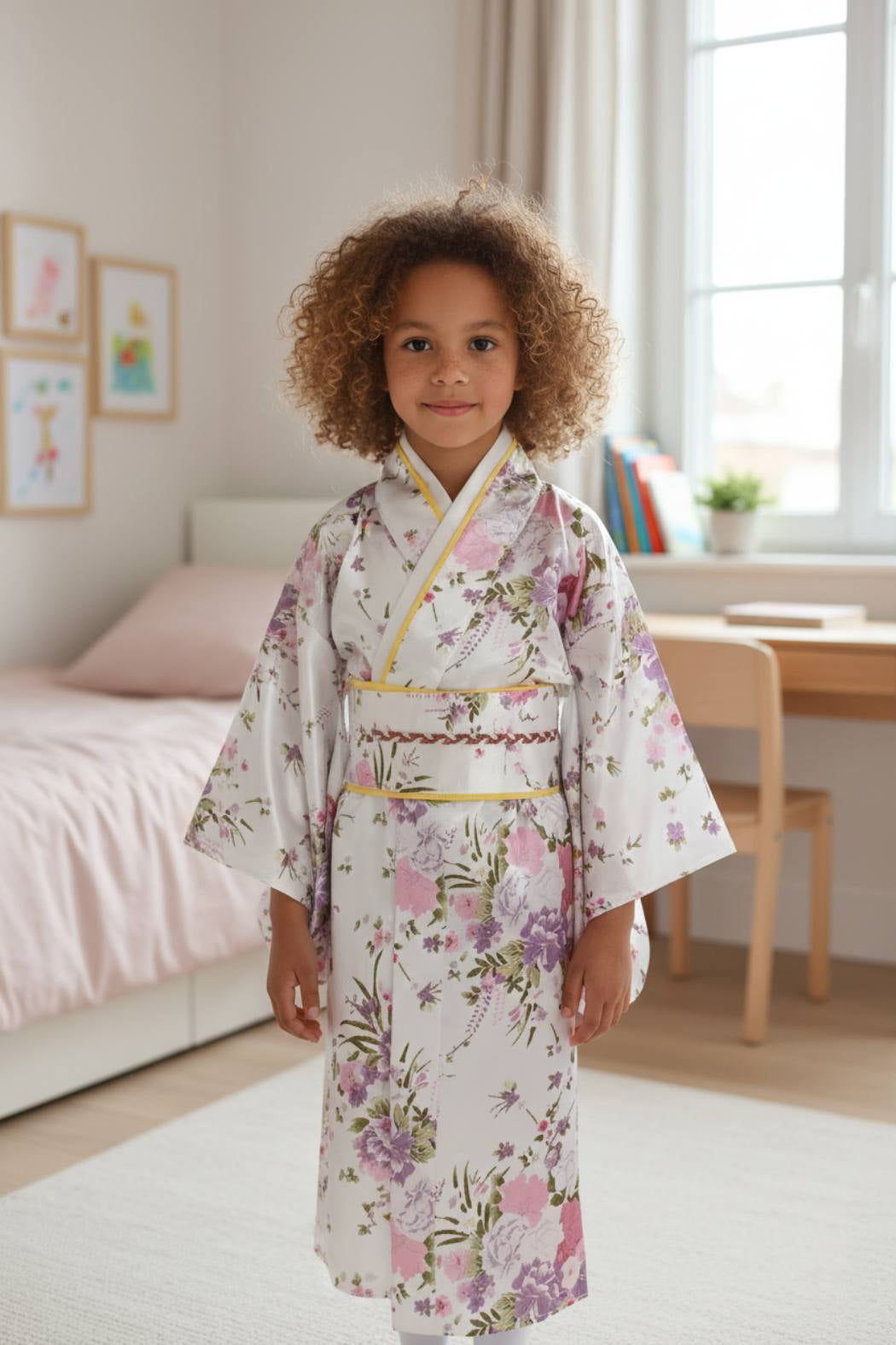 Fille en kimono blanc à motifs floraux, tenant un éventail rouge, dans sa chambre
