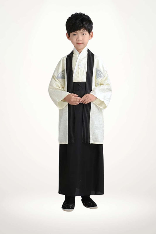 kimono garçon blanc et noir style japonais traditionnel