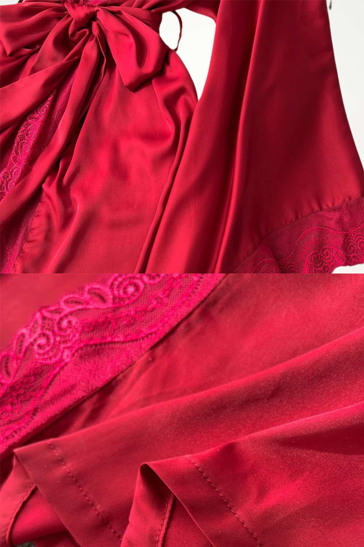 Kimono femme en satin rouge avec un motif en dentelle, drapé élégamment et noué à la taille