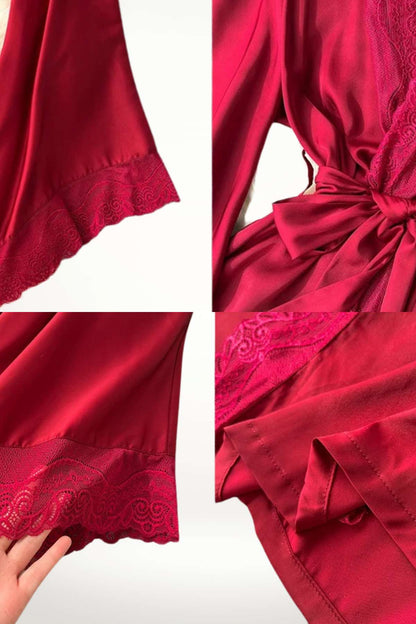 Kimono femme en satin rouge avec des manches larges et une dentelle délicate au bas