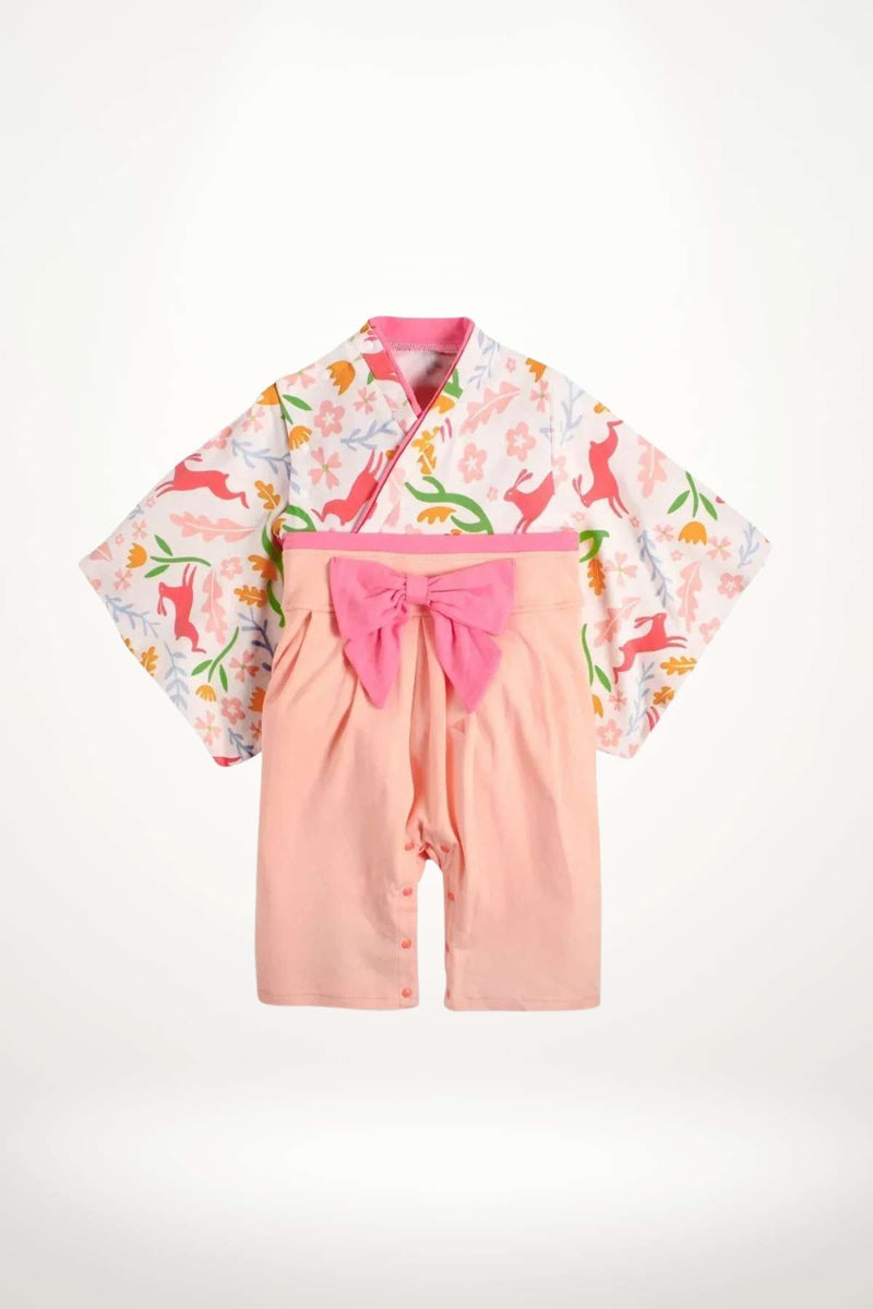 kimono bébé coton lapins roses et fleurs pastel avec ceinture obi – modèle fille doux et créatif