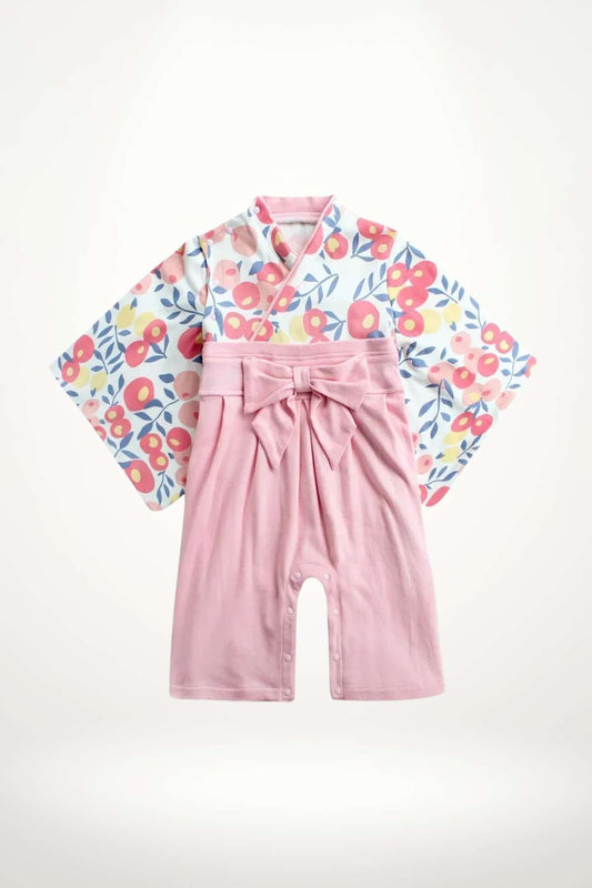 kimono bébé coton pastel fleurs graphiques et ceinture obi rose – modèle fille tendre et raffiné