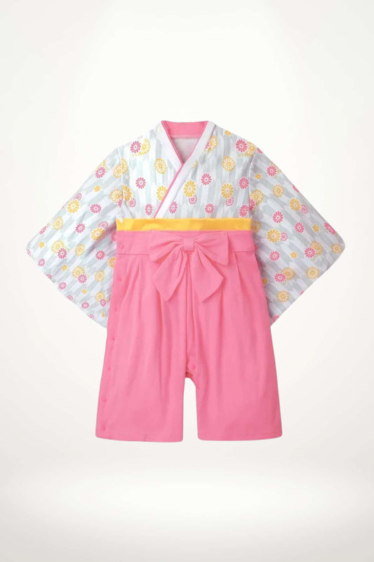 kimono bébé coton fleurs rose et jaune avec ceinture obi – modèle fille frais et lumineux