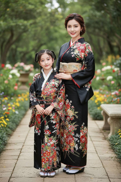 Fillette souriante en kimono noir orné de fleurs rouges et blanches, posant avec les mains jointes à coté de sa maman