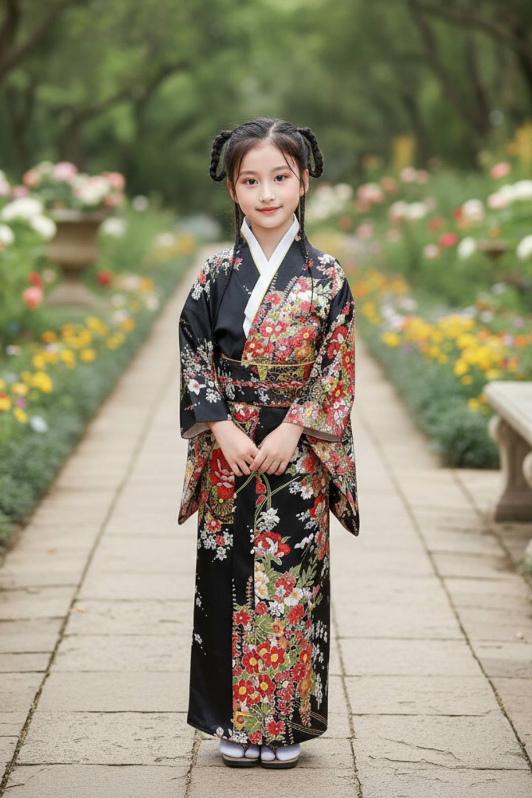 Fillette souriante en kimono noir orné de fleurs rouges et blanches, posant avec les mains jointes dans un jardin fleuri