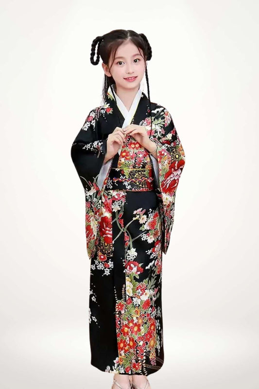 kimono fillette satin traditionnel noir motifs fleuris élégance japonaise enfant