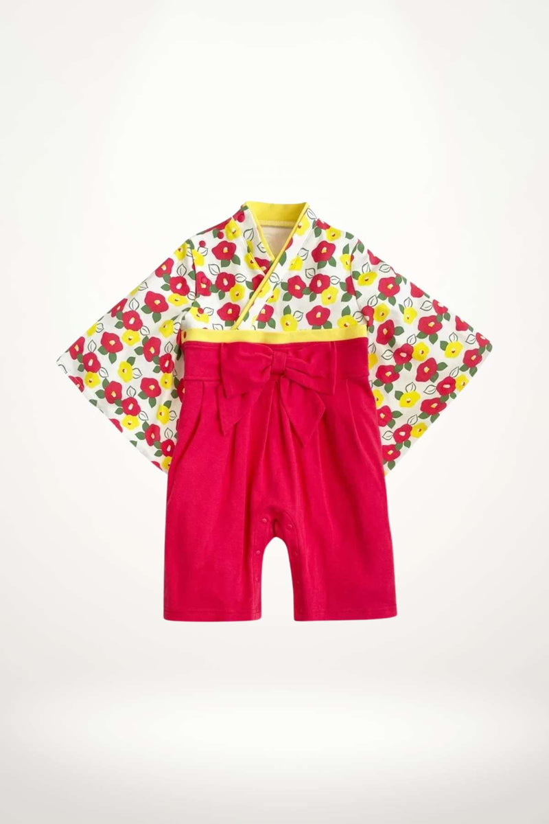 kimono bébé coton fleurs rouges et jaunes avec ceinture obi – modèle fille éclatant et confortable