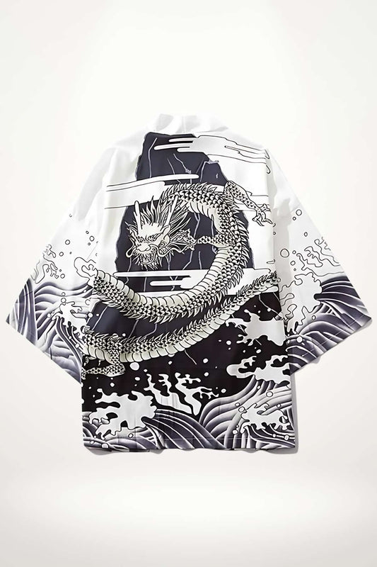 kimono homme moderne motif dragon japonais noir et blanc, veste fluide inspiration ukiyo-e au style graphique et urbain
