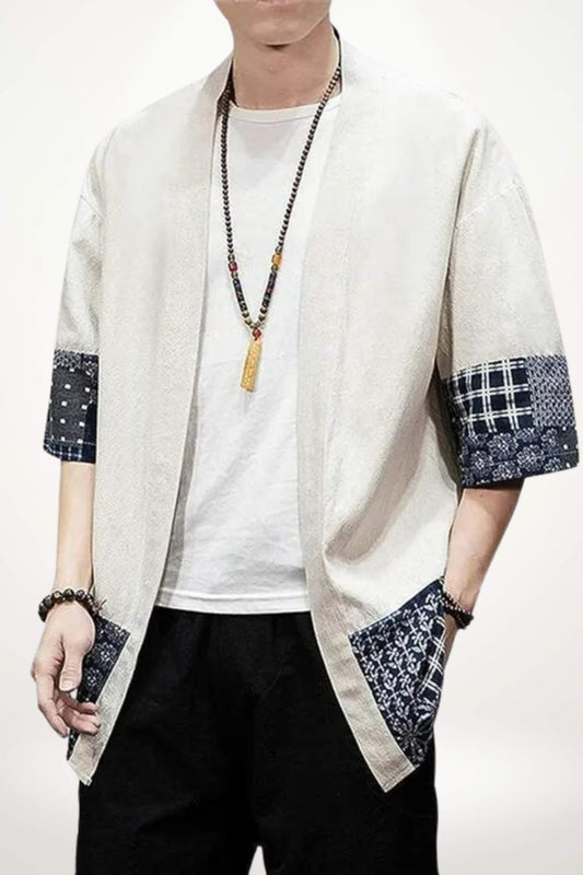 kimono homme coton tissé blanc cassé style japonais traditionnel et moderne avec motifs bleus sashiko