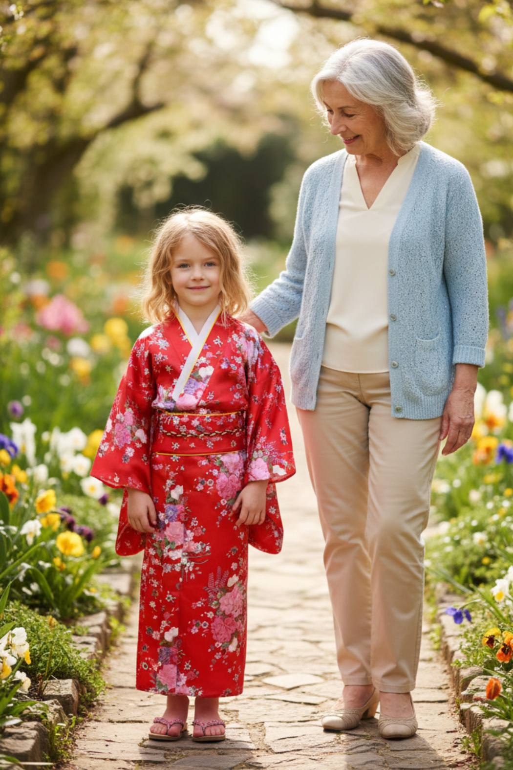 Fillette en kimono rouge à motifs floraux, dans un parc avec sa grand mère