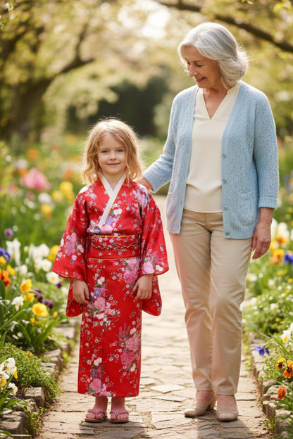 Fillette en kimono rouge à motifs floraux, dans un parc avec sa grand mère
