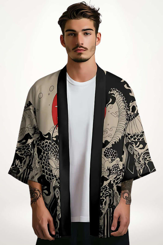 kimono japonais homme avec dragon noir et soleil rouge sur fond beige et noir, style graphique inspiré de l'art traditionnel japonais
