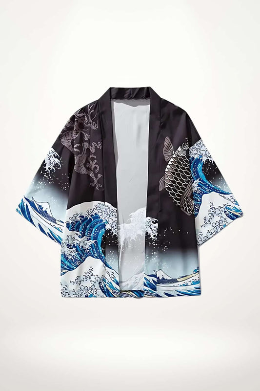 Kimono japonais homme noir en polyester avec motifs de vagues bleues, dragon discret et carpe Koï argentée, coupe ample sans boutons
