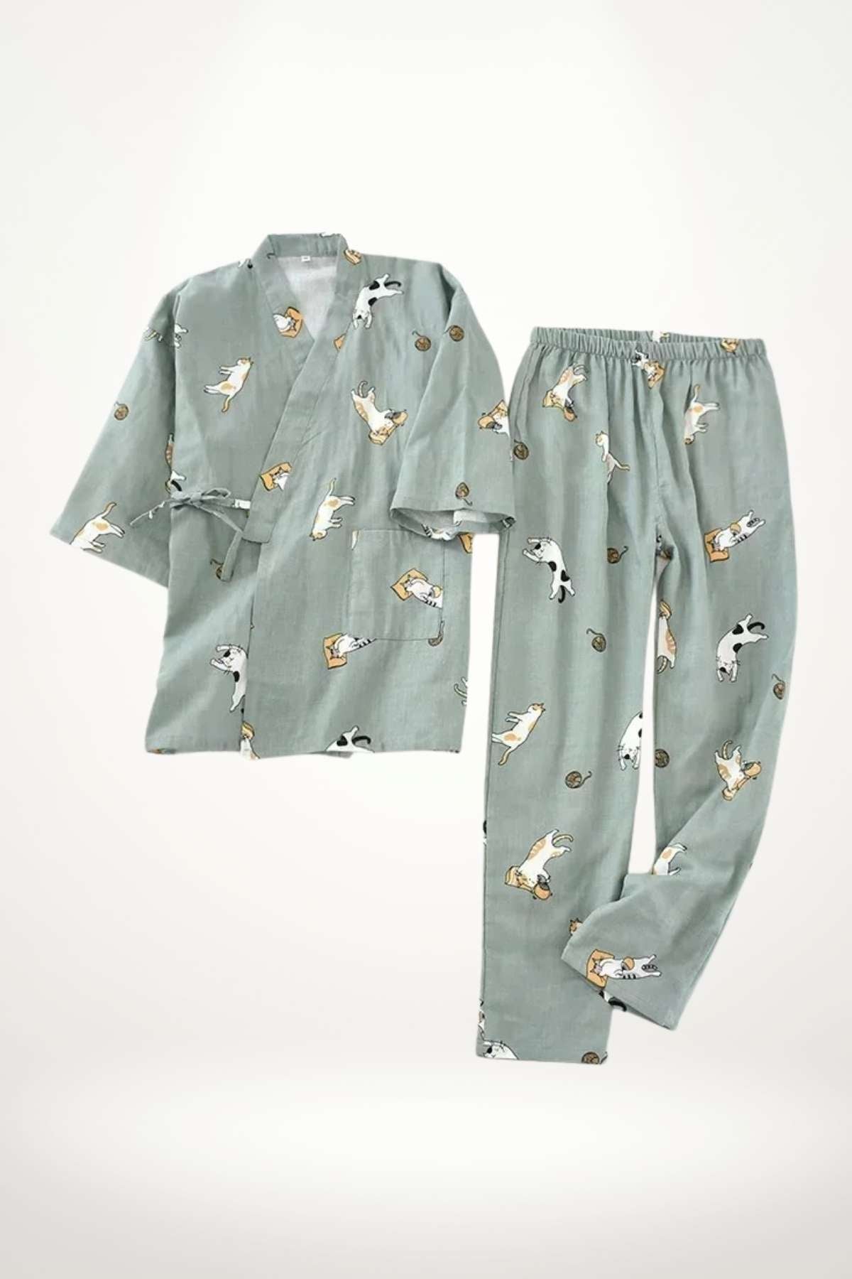 Kimono léger pour femme en tissu vert avec motifs de chiens, idéal pour un confort à la maison