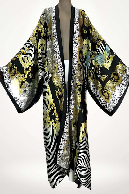 kimono femme long satin noir à imprimés baroques dorés et motifs zébrés contrastés