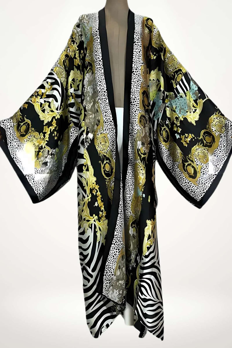 kimono femme long satin noir à imprimés baroques dorés et motifs zébrés contrastés