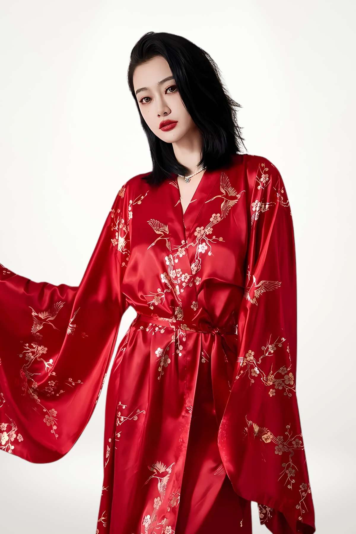 Femme portant un kimono long rouge en satin orné de motifs floraux et d'oiseaux, avec des manches larges