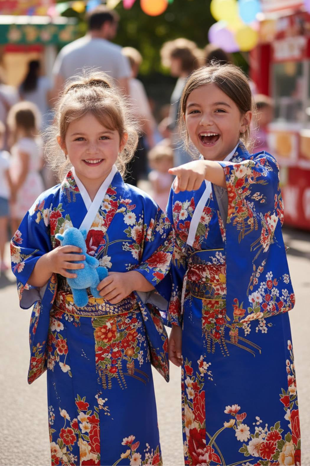 deux Fillettes souriantes en kimono bleu orné de fleurs colorées en train de rigoler