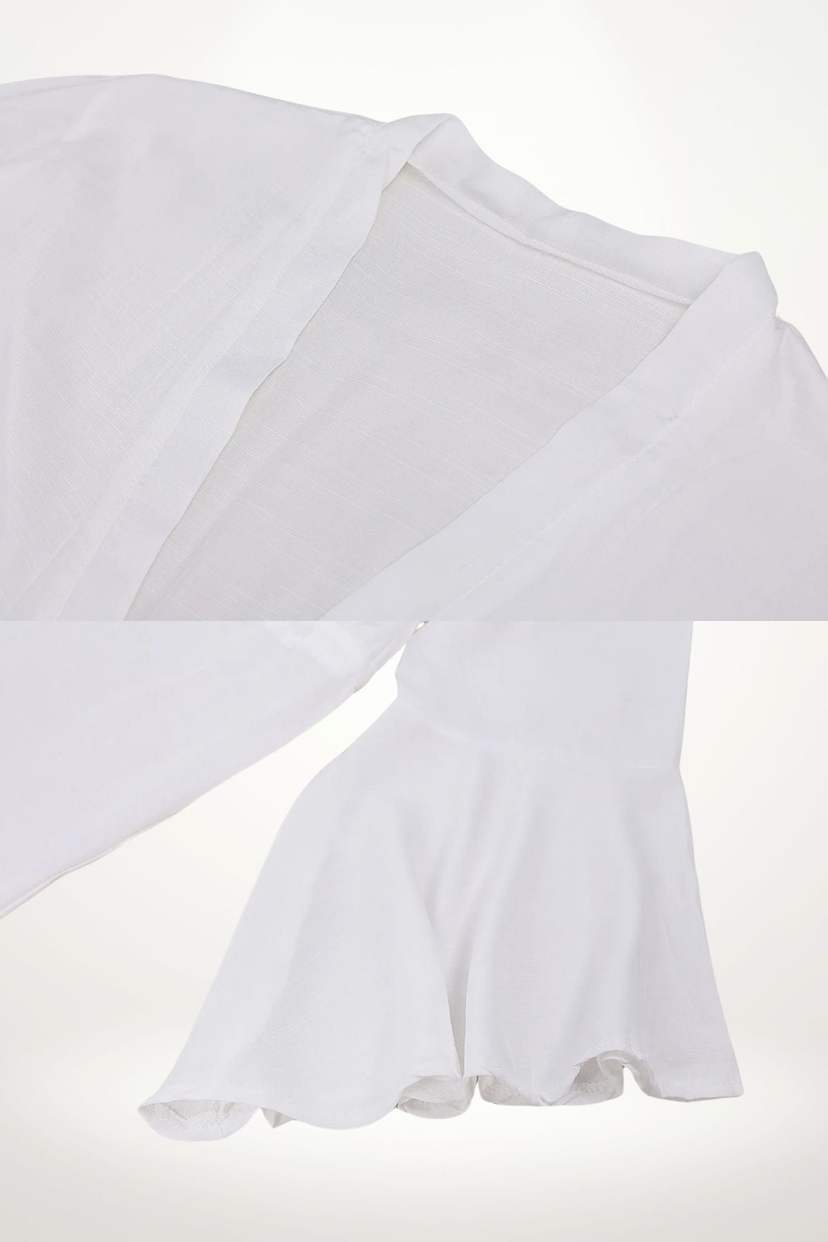 Détails d'un kimono blanc léger avec un col en V et des manches évasées, sur fond neutre