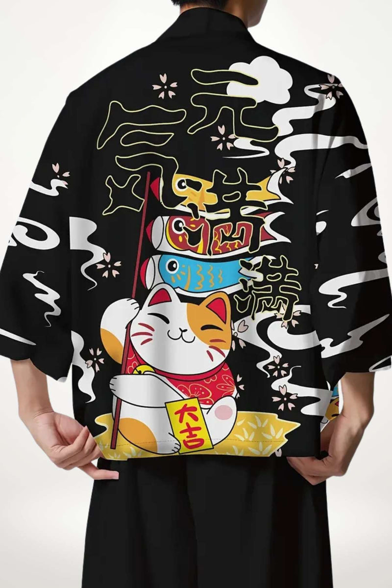 Kimono noir pour homme avec motifs colorés de chat et de poissons, style japonais inspiré du manga