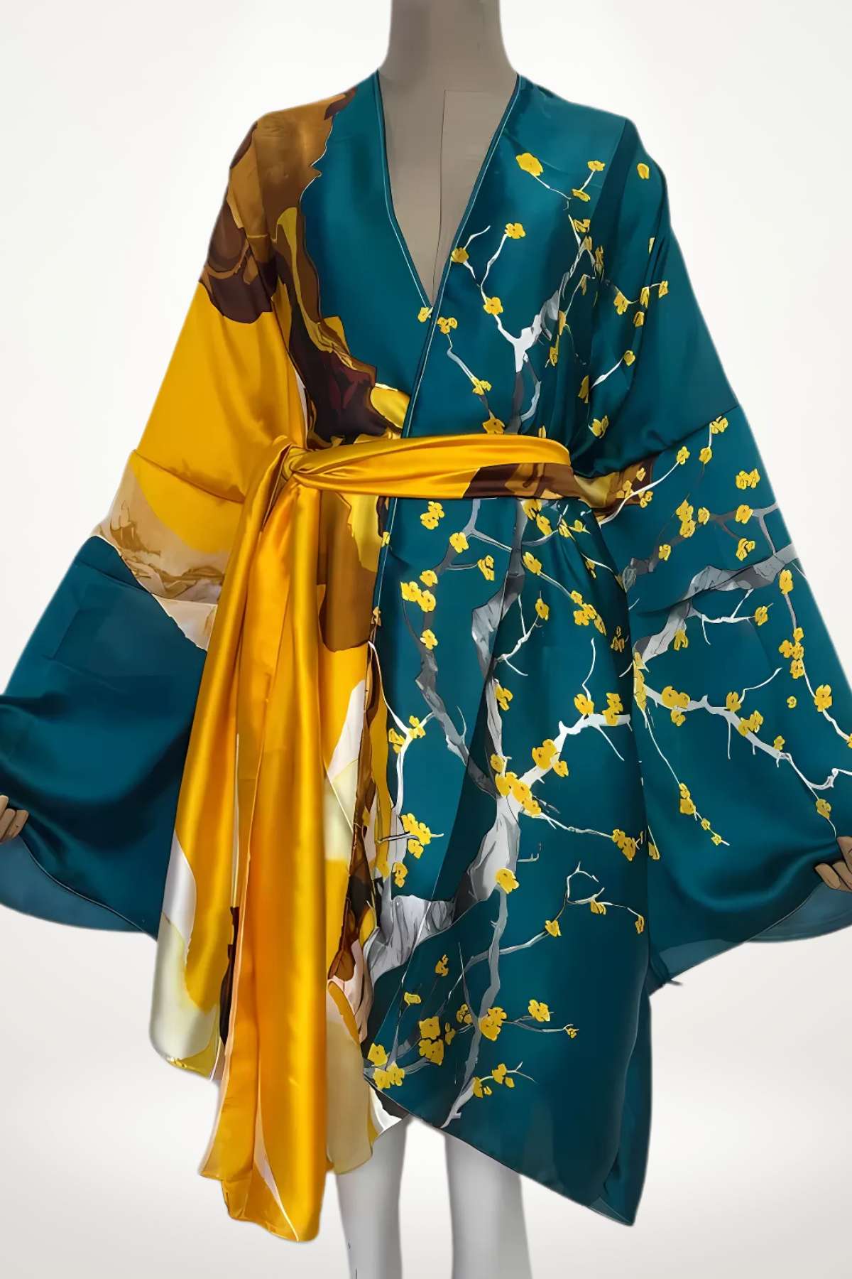 kimono femme satin vert à motifs floraux jaunes et ceinture jaune