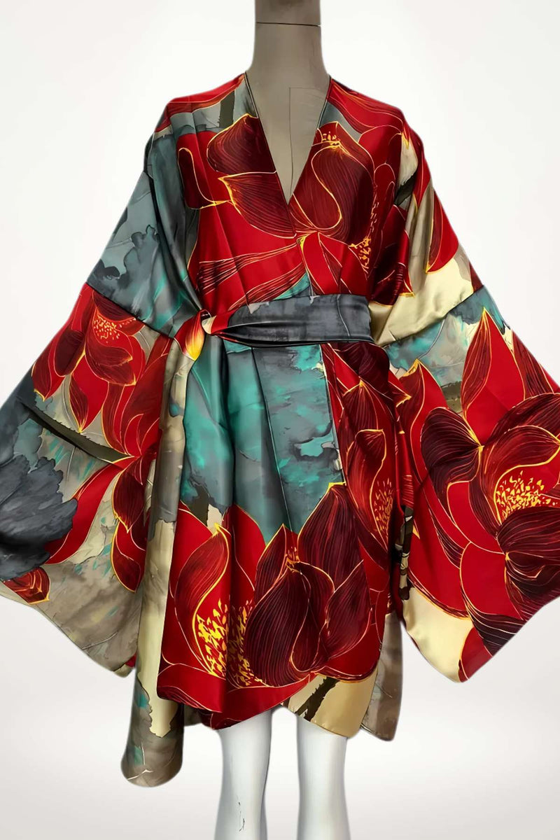 kimono femme satin rouge à motifs floraux de lotus